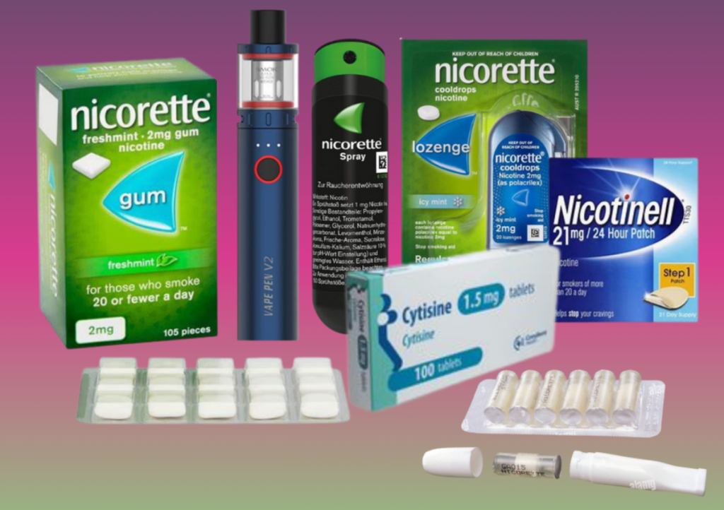 This image shows a collection of smoking cessation aids, including nicotine gum, lozenges, patches, tablets, and vaping products. 